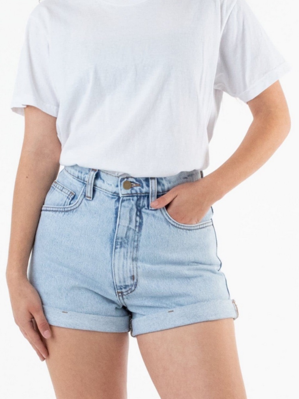 American Apparel High Waist Cuffed Shorts Stone Washed Denim Size 24